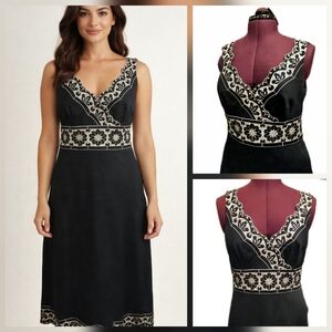 🐇🪺🌸 Vintage Ann Taylor Black Linen Embroidered Sleeveless Dress• Lined• 14